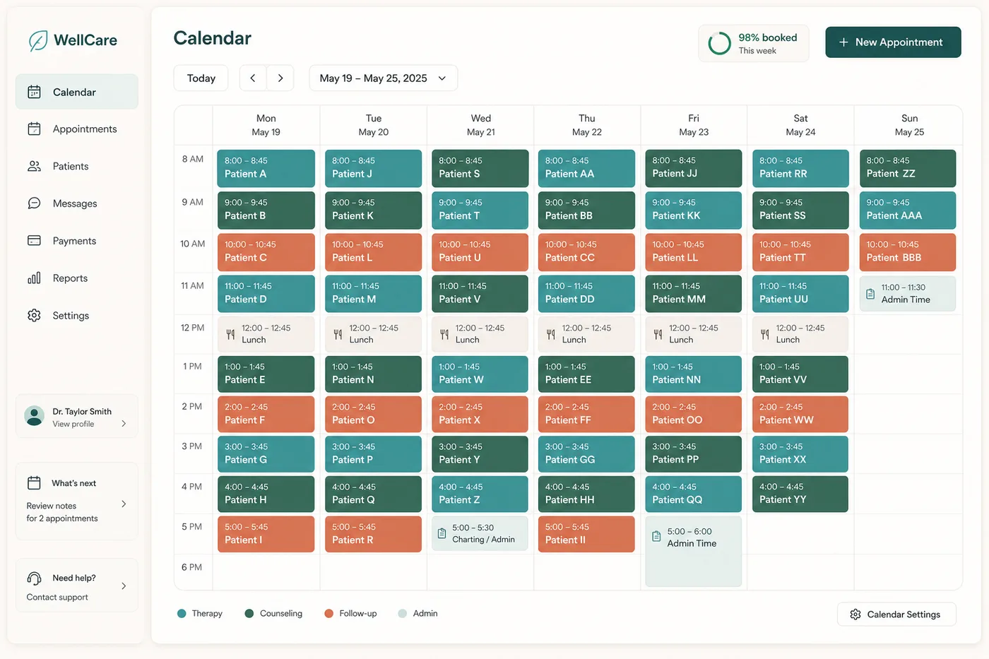 A weekly calendar view almost completely filled with booked patient appointments